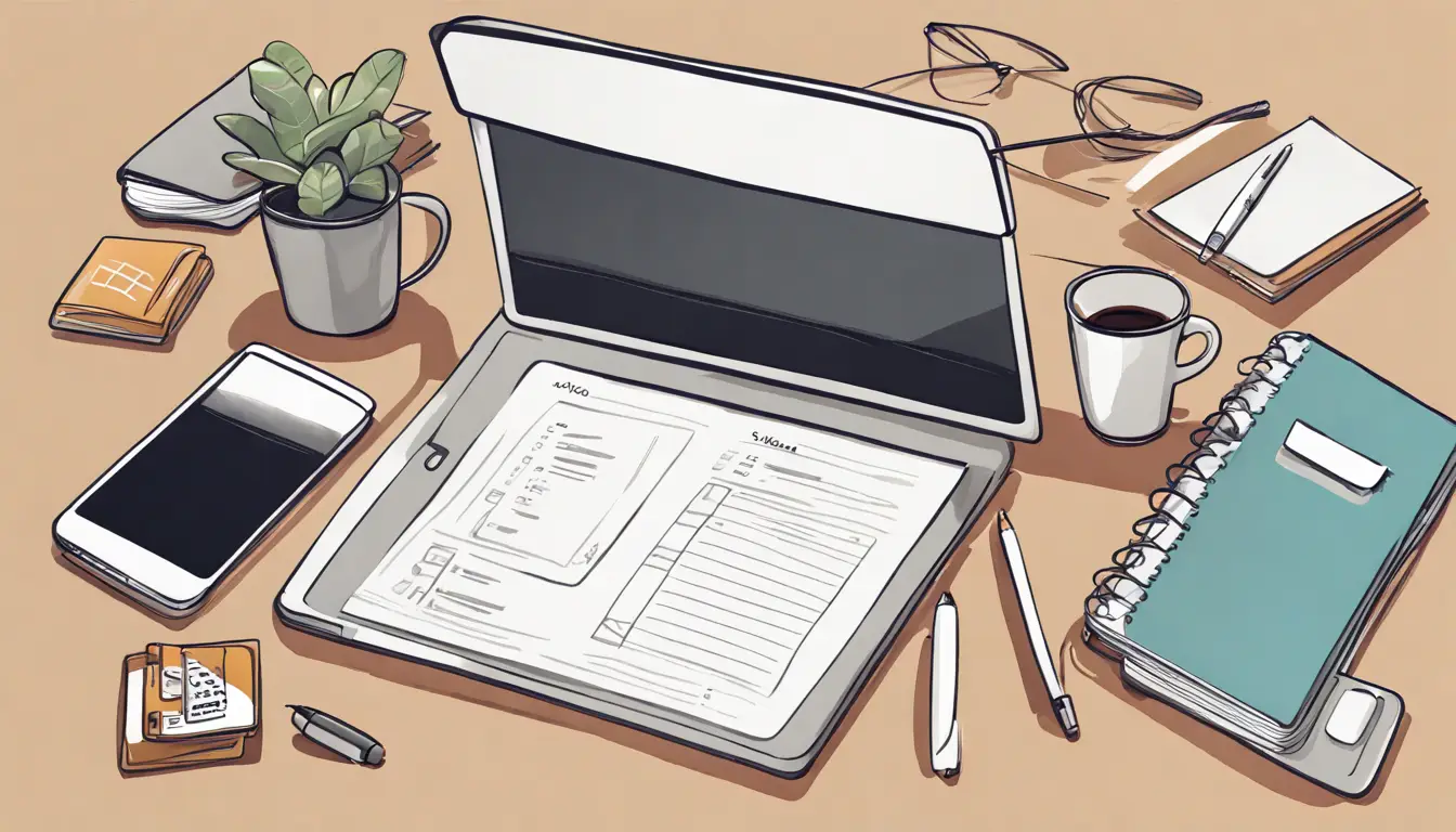 Uma mesa de escritório organizada com um laptop, um caderno fechado, uma xícara de café, um smartphone e uma folha de papel com uma lista de tarefas concluídas.