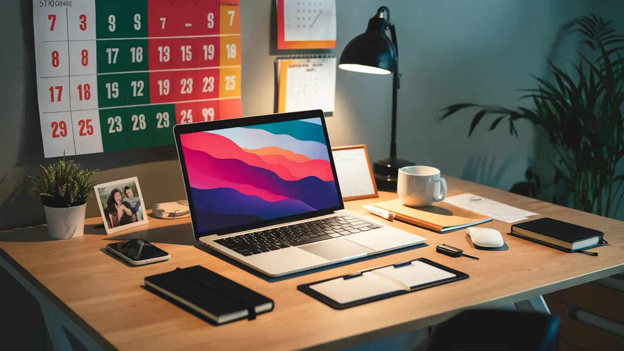Mesa de escritório com laptop, smartphone, caderno, planta, foto de família, caneca e calendário na parede.