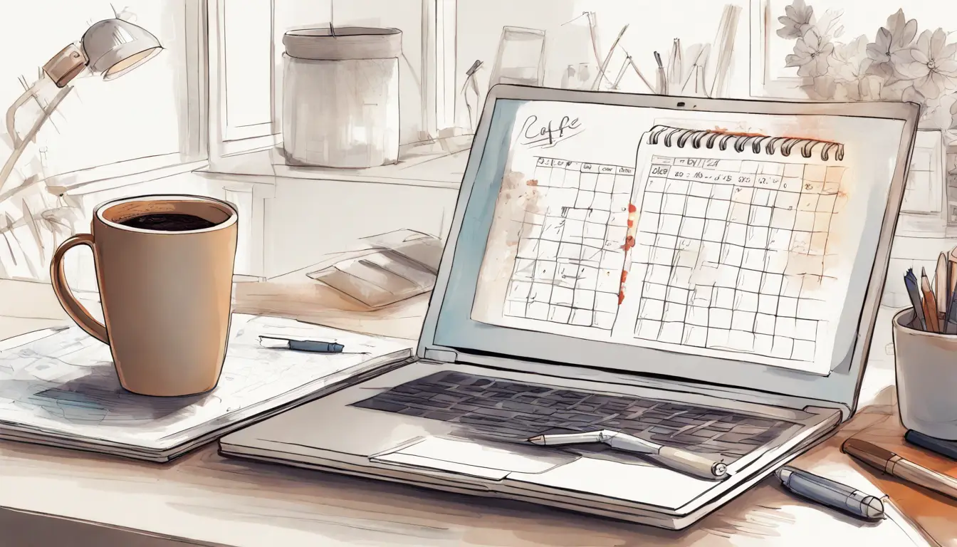 Mesa de escritório organizada com laptop, caderno, caneta, xícara de café e calendário ao fundo mostrando os dias da semana.