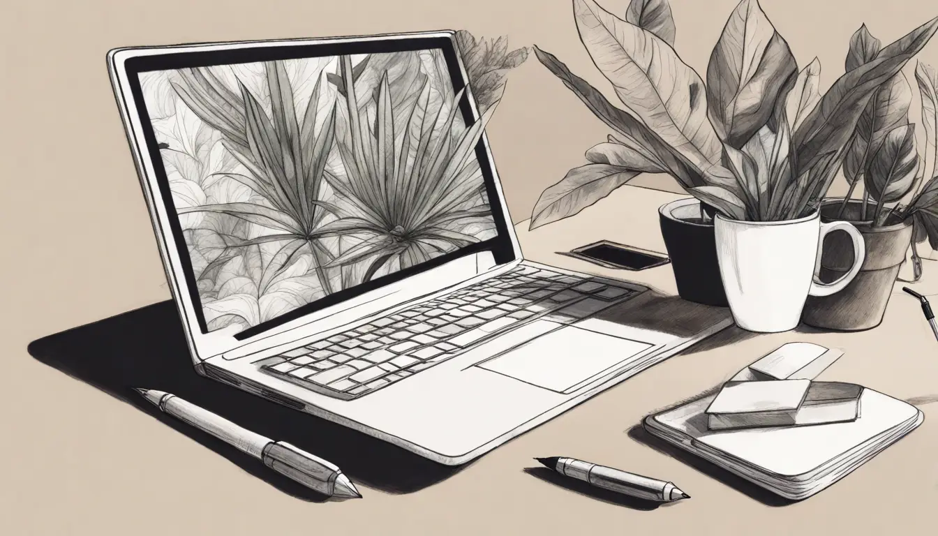 Mesa de trabalho com laptop exibindo Notion, caderno, xícara de café e planta pequena ao fundo.
