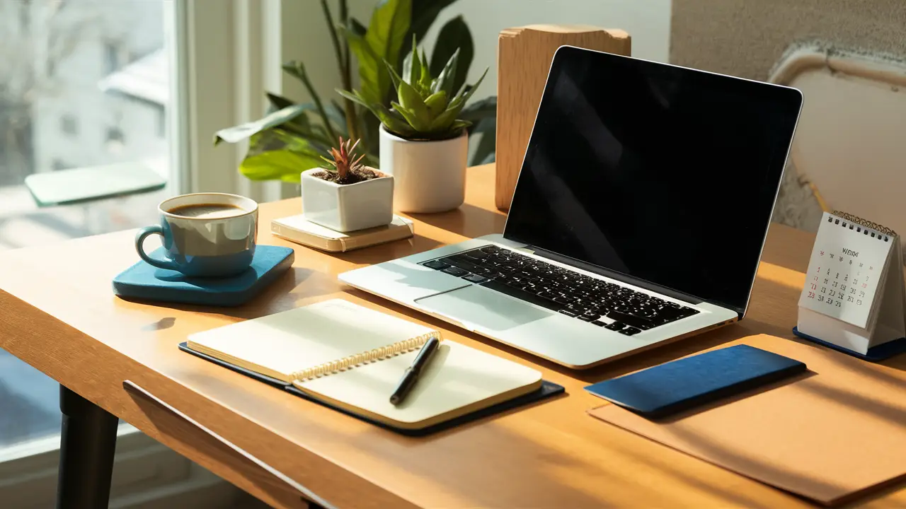 Mesa de trabalho organizada com notebook fechado, caneca de café, planta pequena, caderno com caneta e calendário de segunda-feira.