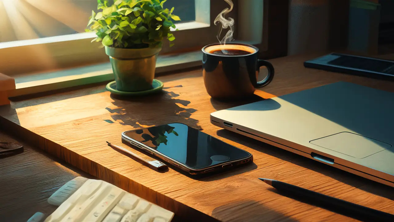 Uma mesa de madeira com laptop, smartphone, xícara de café e planta iluminados pelo sol.