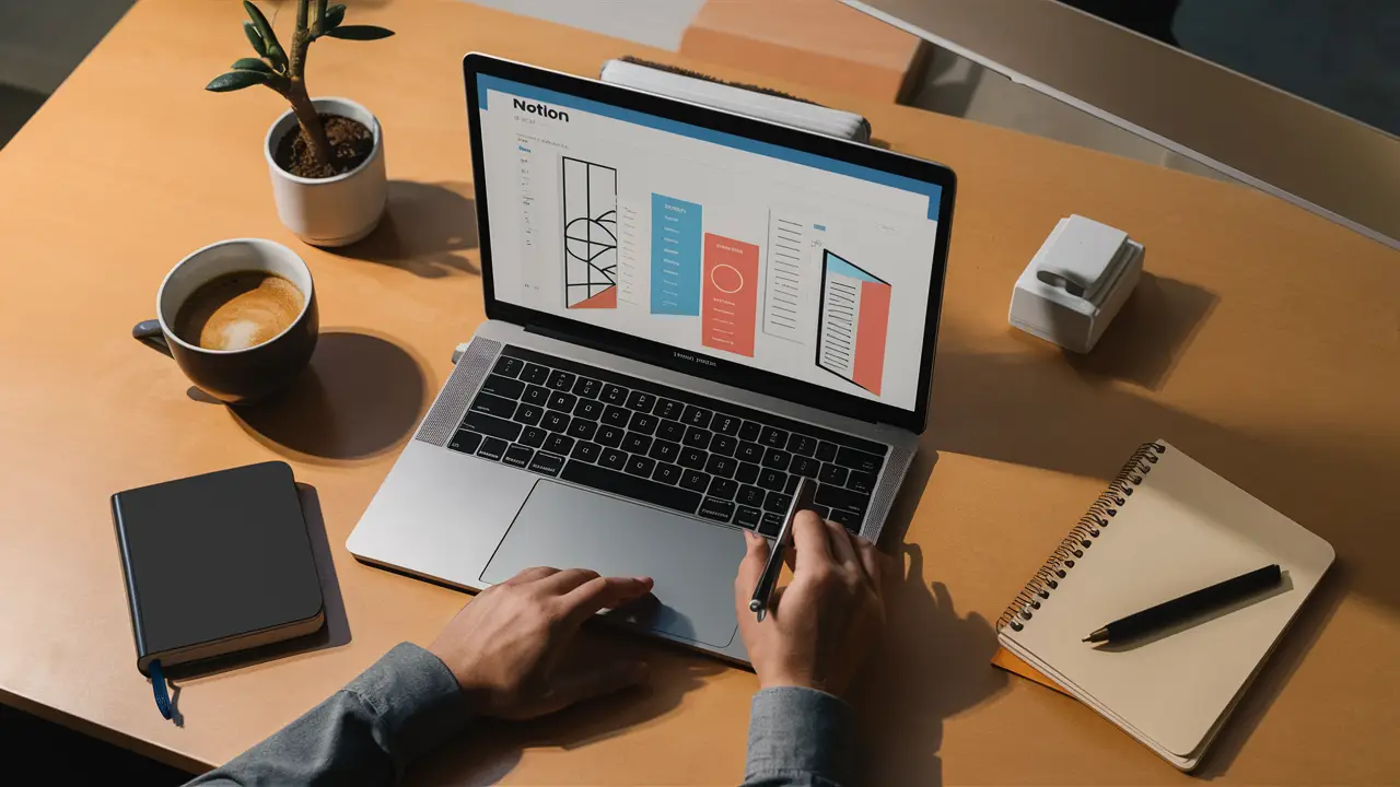 Laptop exibindo templates do Notion em uma mesa de madeira com xícara de café, caderno, caneta e planta em vaso.