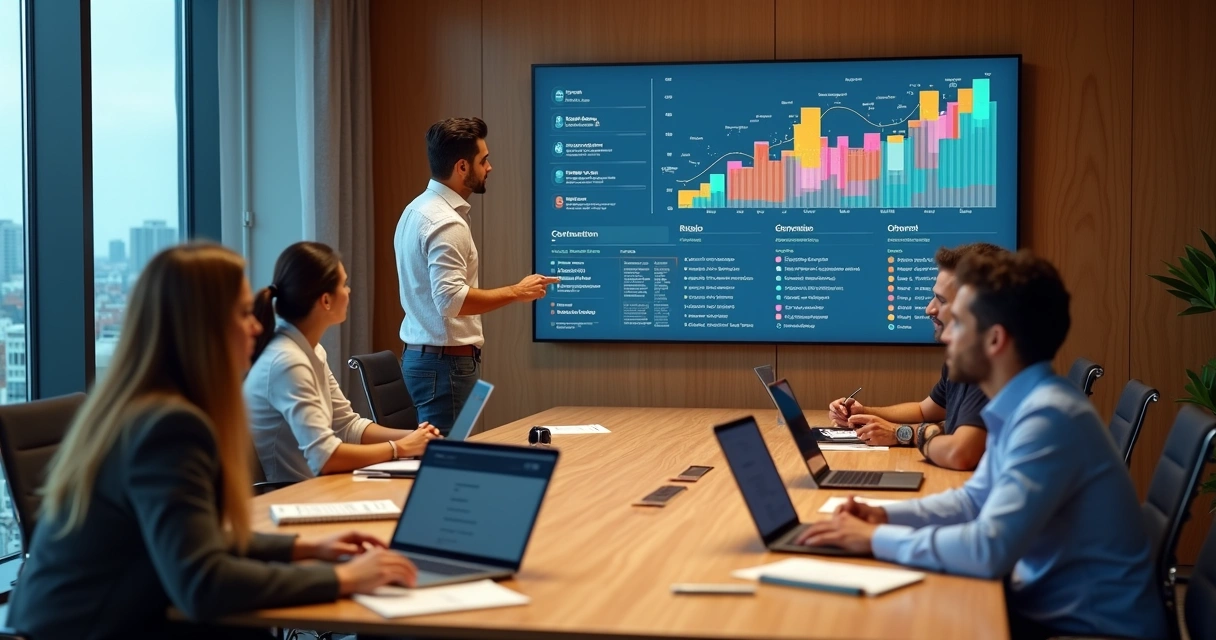 Equipe em reunião analisando métricas comportamentais em painel digital de produtividade