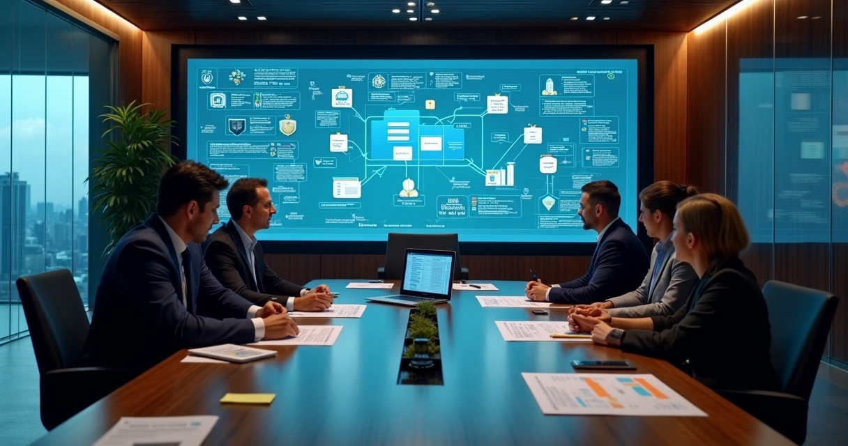 Equipe corporativa planejando migração estratégica para Notion Enterprise em sala de reunião moderna