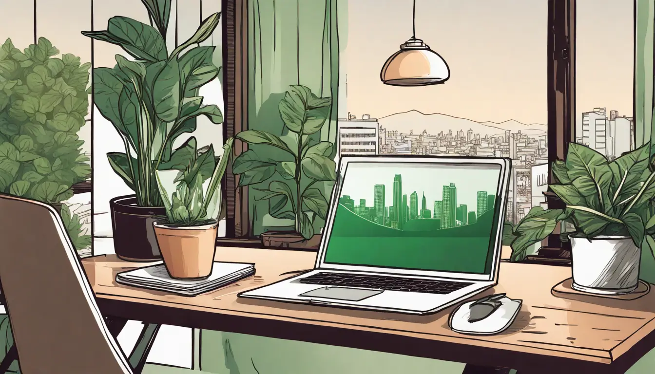 Escritório moderno com vista para a cidade, equipado com itens essenciais para produtividade e conforto mental, ideal para trabalhar.