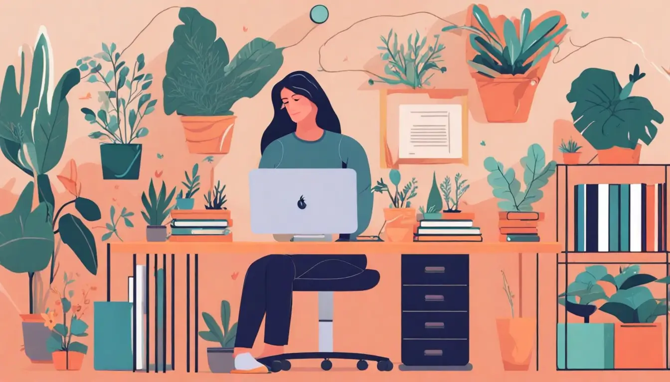 Pessoa editando site no Notion em um computador, com mesa organizada, plantas e materiais de escritório, estante de livros ao fundo.