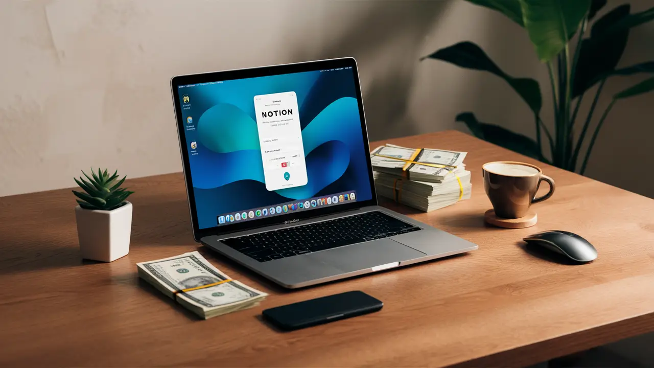 Laptop com interface do Notion, pilha de notas de dólar, planta pequena e xícara de café em uma mesa de madeira.