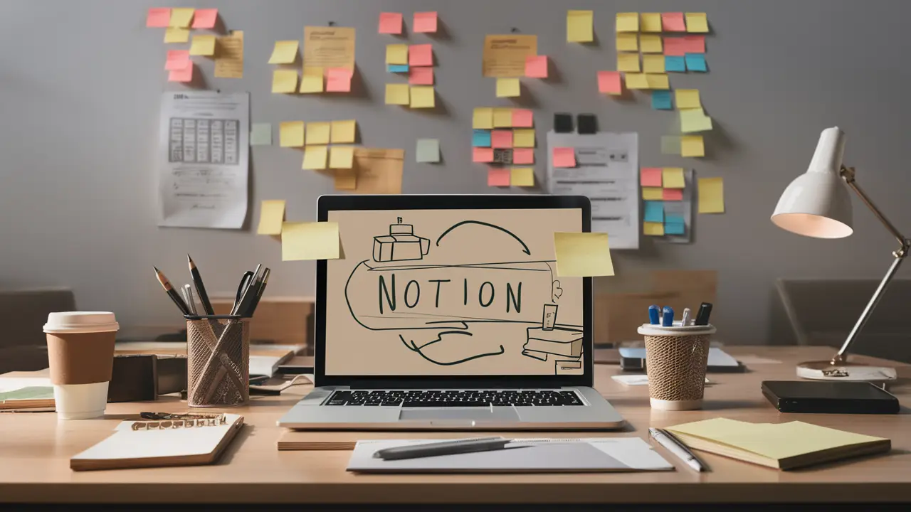 Laptop aberto exibindo espaço de trabalho Notion em mesa de escritório com notas adesivas organizadas e caneca de café.