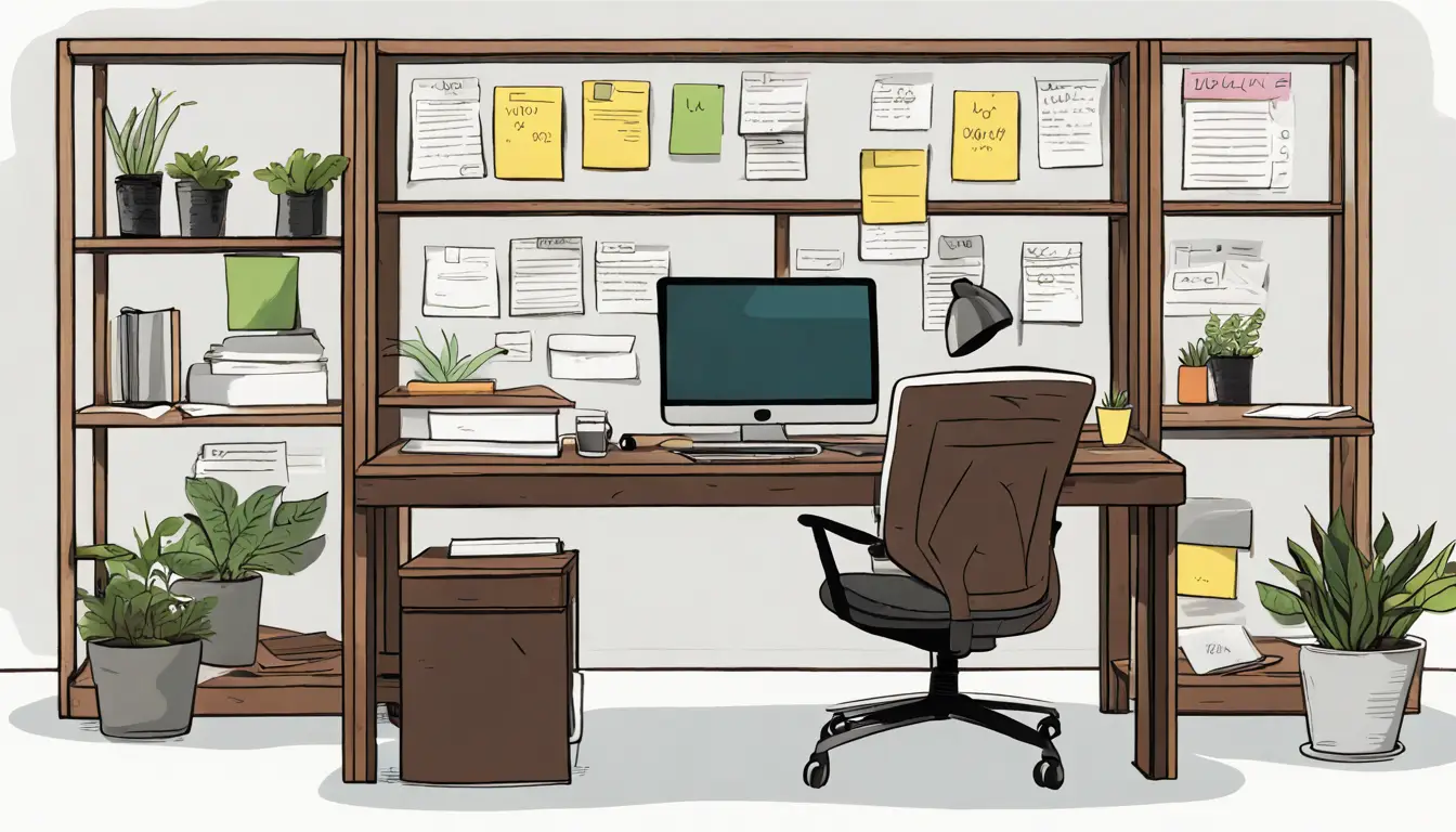 Uma mesa de escritório com um laptop exibindo um painel do Notion com colunas "Backlog," "In Progress," e "Done," cercado por notas adesivas, uma xícara de café, um smartphone e uma planta.