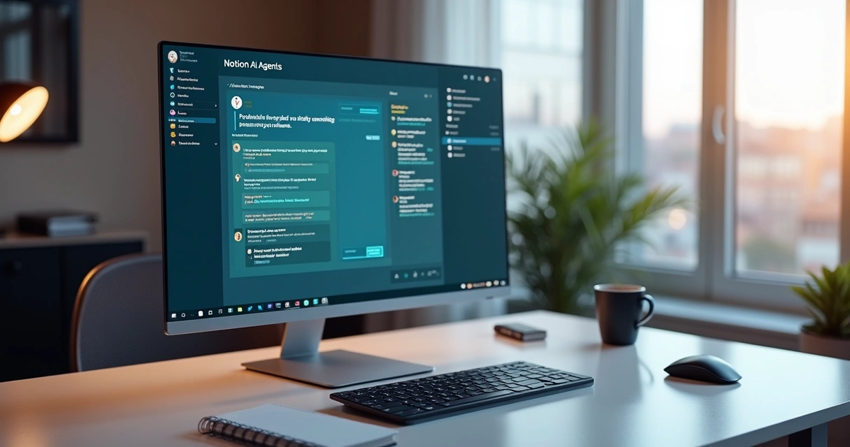 Interface detalhada do agente Notion AI exibida em tela de computador moderno