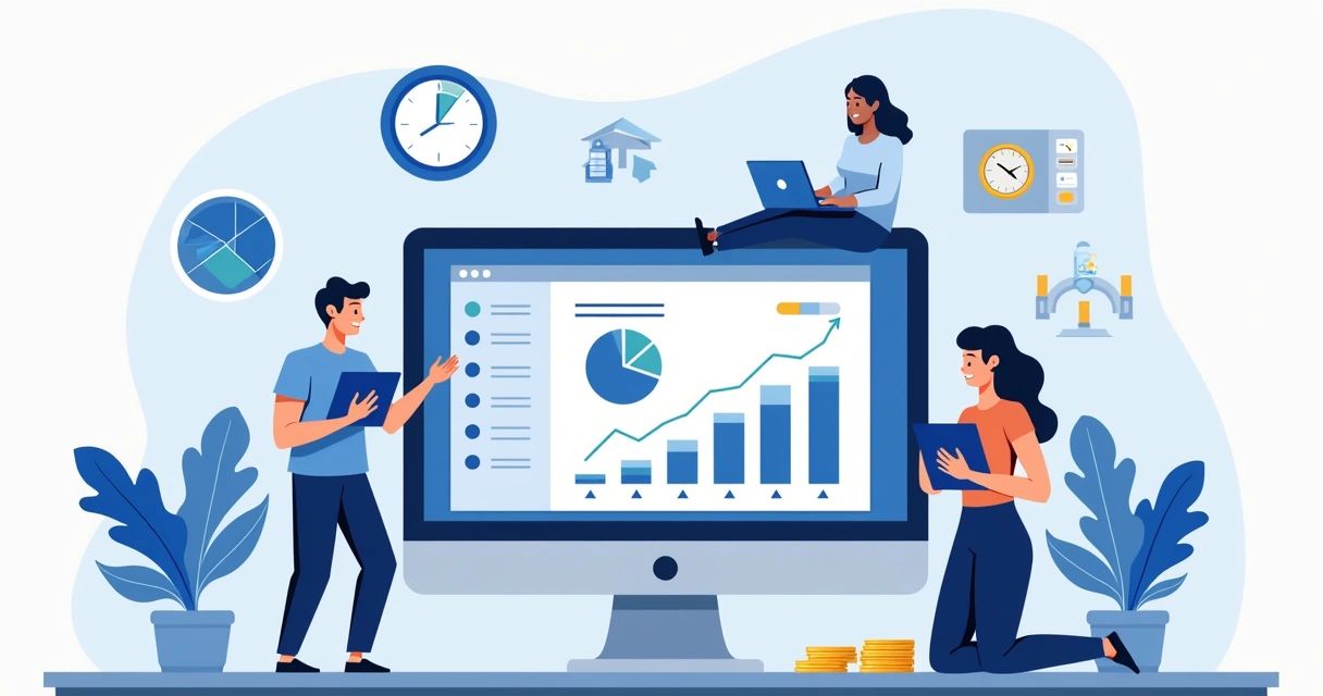 Ilustração corporativa plana mostrando um computador com tela do Notion aberta em painel financeiro personalizado. Ao redor, ícones de finanças, gráficos, moedas e pessoas colaborando. Fundo limpo com