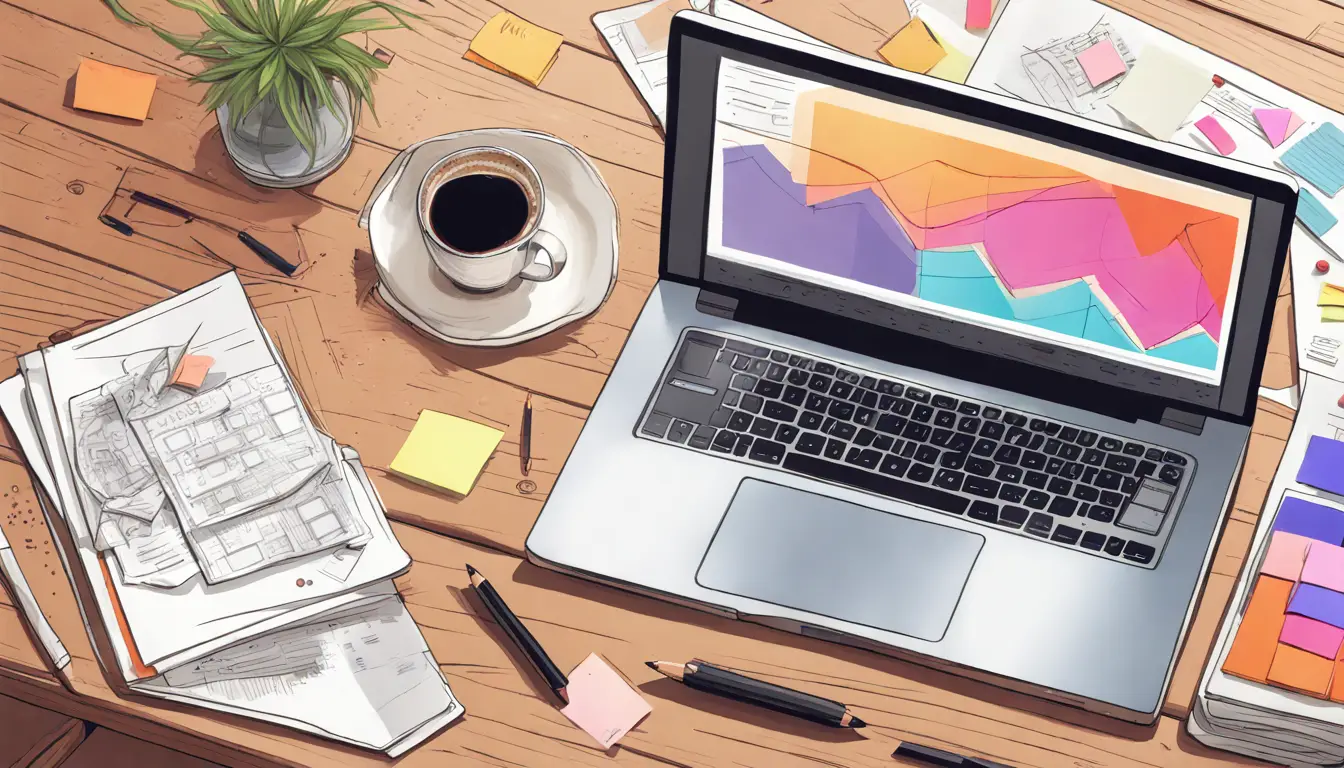 Notebook aberto em uma mesa de madeira, exibindo um painel do Notion com modelos de planejamento de conteúdo coloridos.