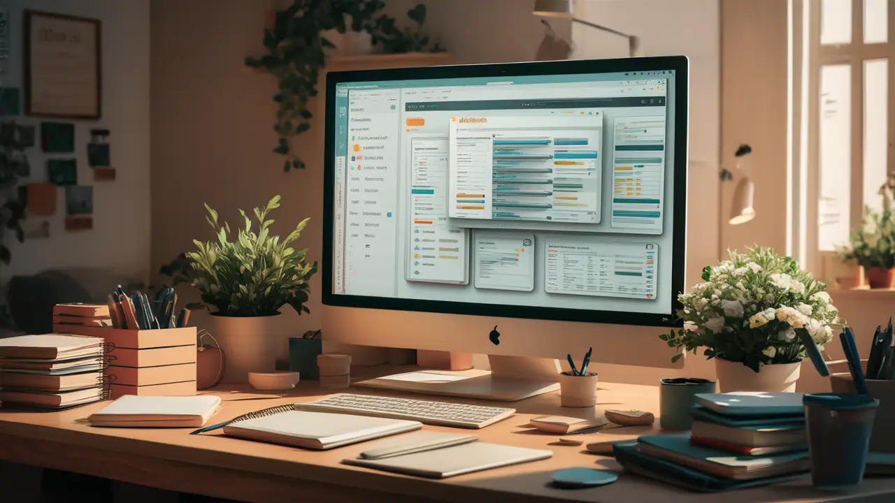Tela digital mostrando dashboard do Notion com subpáginas, rodeada por itens de papelaria e plantas em um escritório bem iluminado.