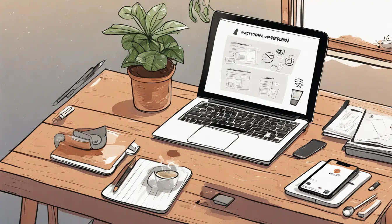 Laptop com a tela do aplicativo Notion em uma mesa de madeira, cercado por itens de negócios como xícara de café, bloco de notas, smartphone e planta pequena.