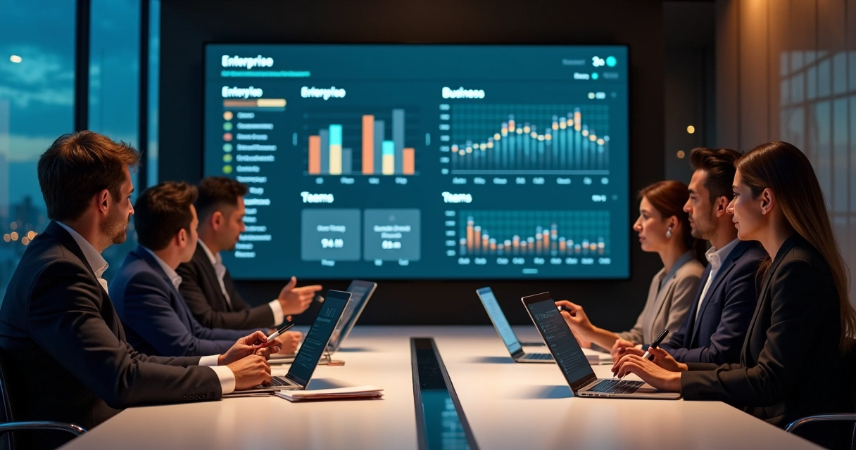Equipe analisando gráfico de custos e benefícios do Notion Enterprise em grande telão metrificado