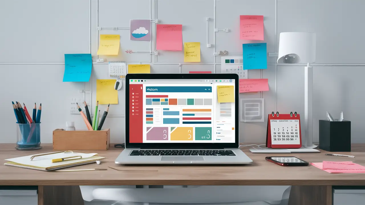 Laptop com dashboard do Notion cercado por notas adesivas, calendário e smartphone em mesa de escritório moderna.