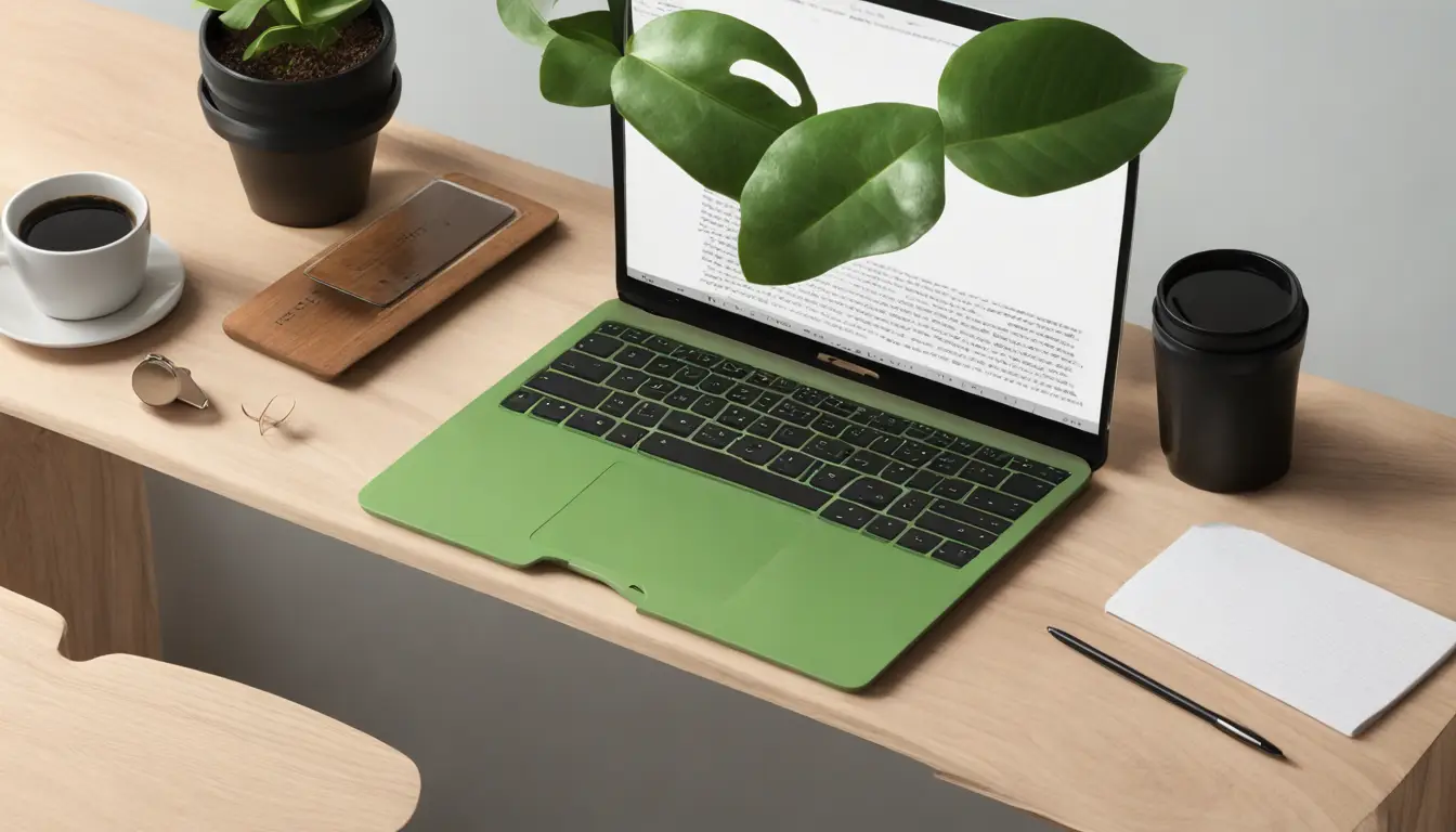 Laptop aberto com Notion na tela, bloco de notas, caneta dourada, celular e xícara de café sobre mesa de madeira, planta e janela ao fundo.