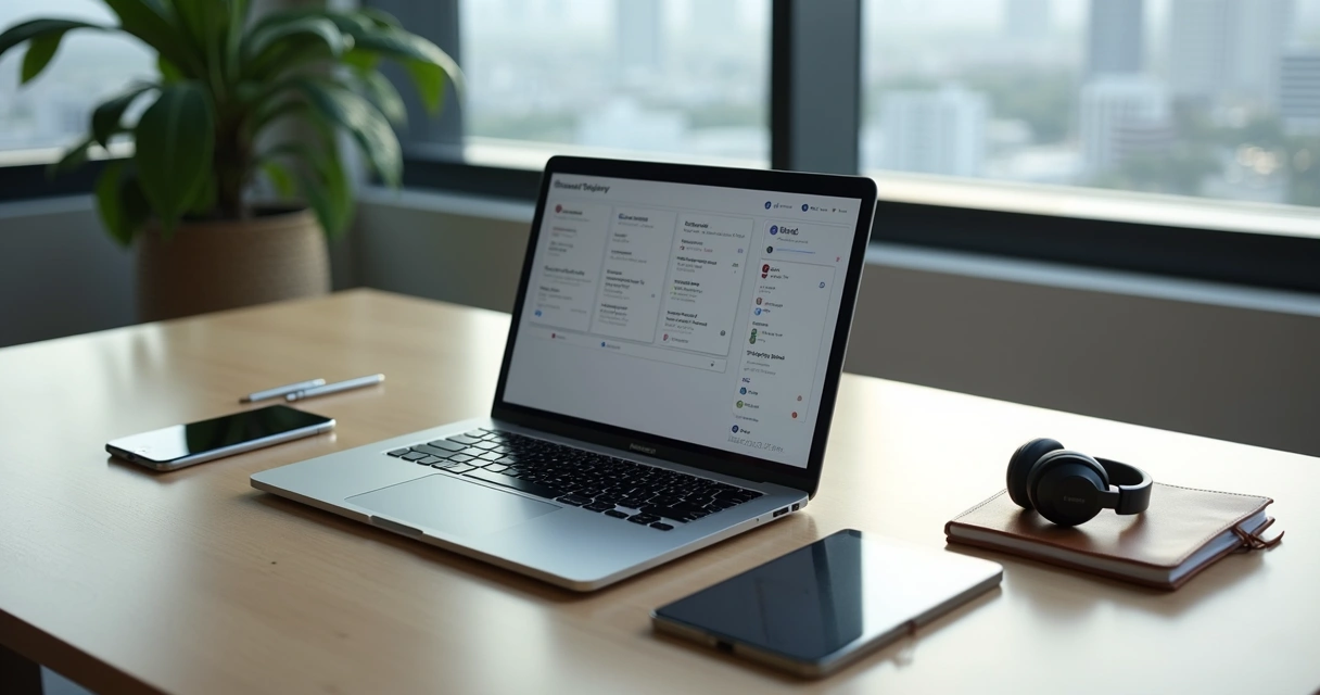 MacBook com Notion aberto em mesa minimalista de escritório executivo