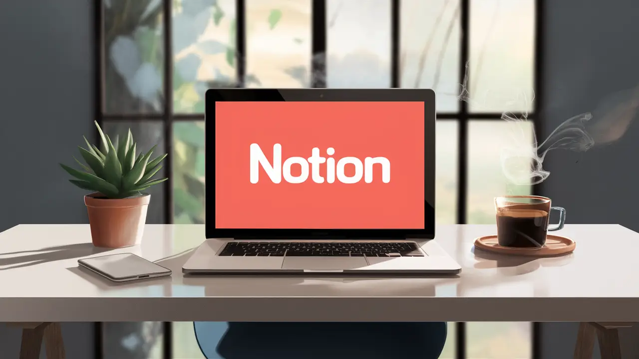 Laptop com logo do Notion em uma mesa branca, planta verde e xícara de café com janela ao fundo.