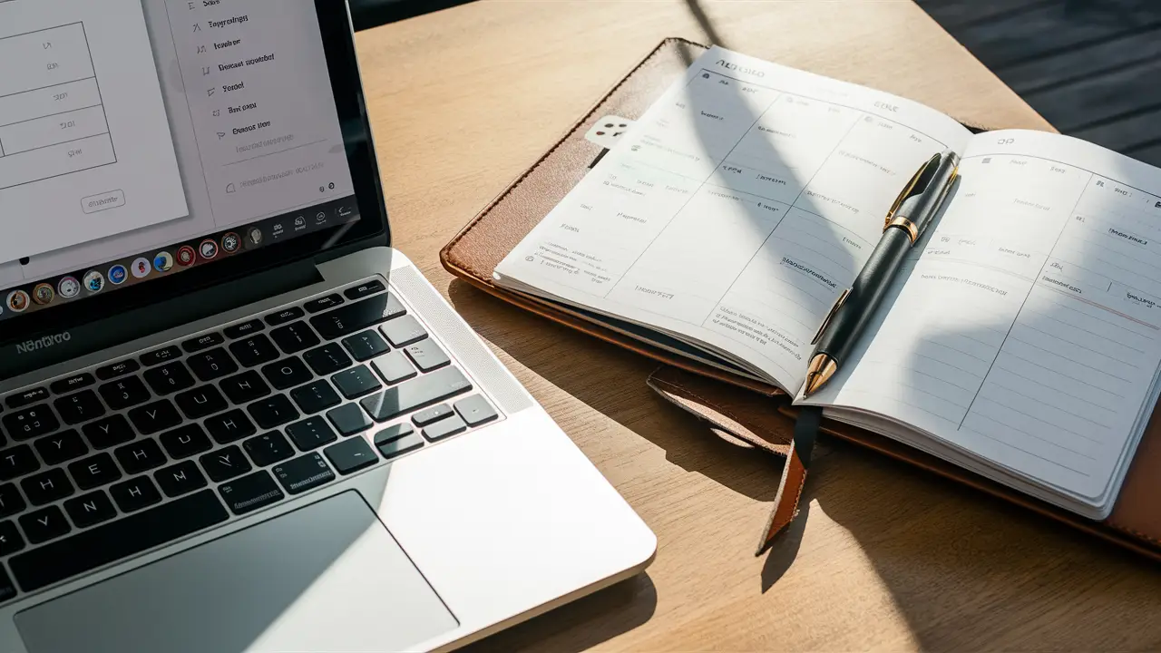Uma mesa com um laptop aberto exibindo o Notion à esquerda e uma agenda física de couro marrom à direita com caneta preta.