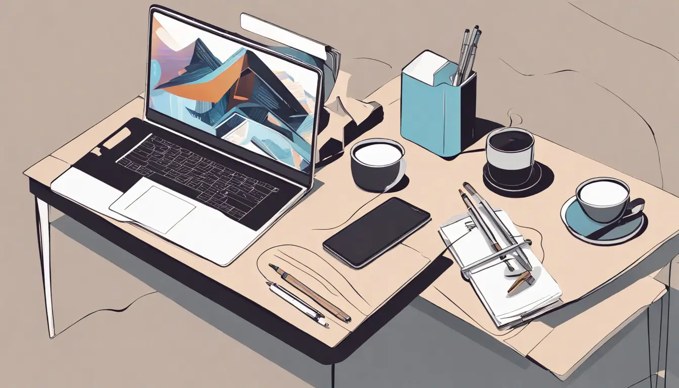 Dois laptops em uma mesa de escritório, um exibindo o logotipo da Notion e o outro o logotipo da Asana, cercados por material de escritório.