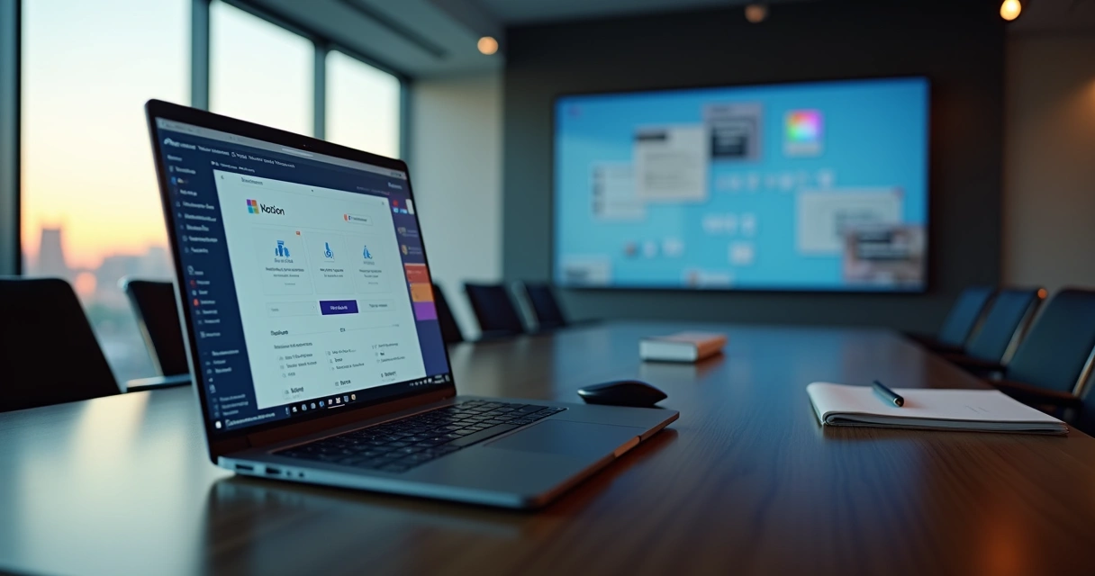 Tela de notebook Windows exibindo instalação do Notion em ambiente corporativo moderno