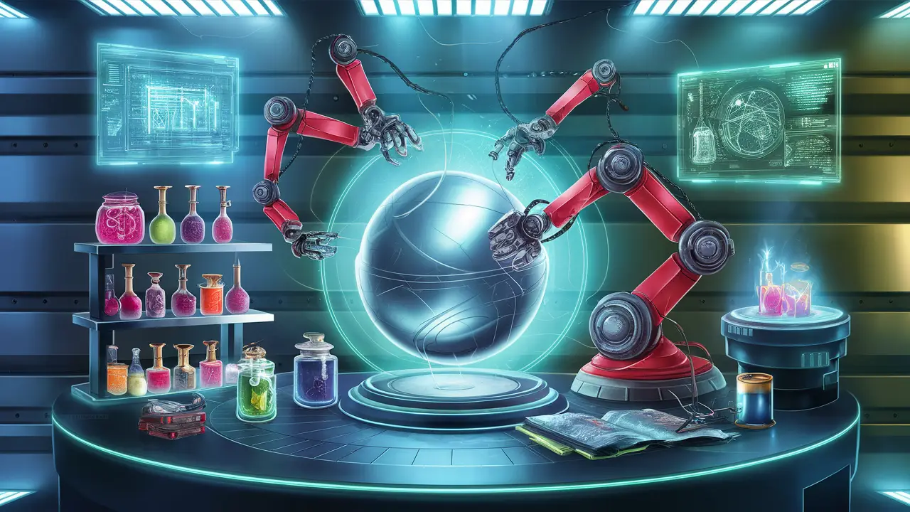 Oficina futurista com telas holográficas, braços robóticos e esferas metálicas em tons azuis e verdes.