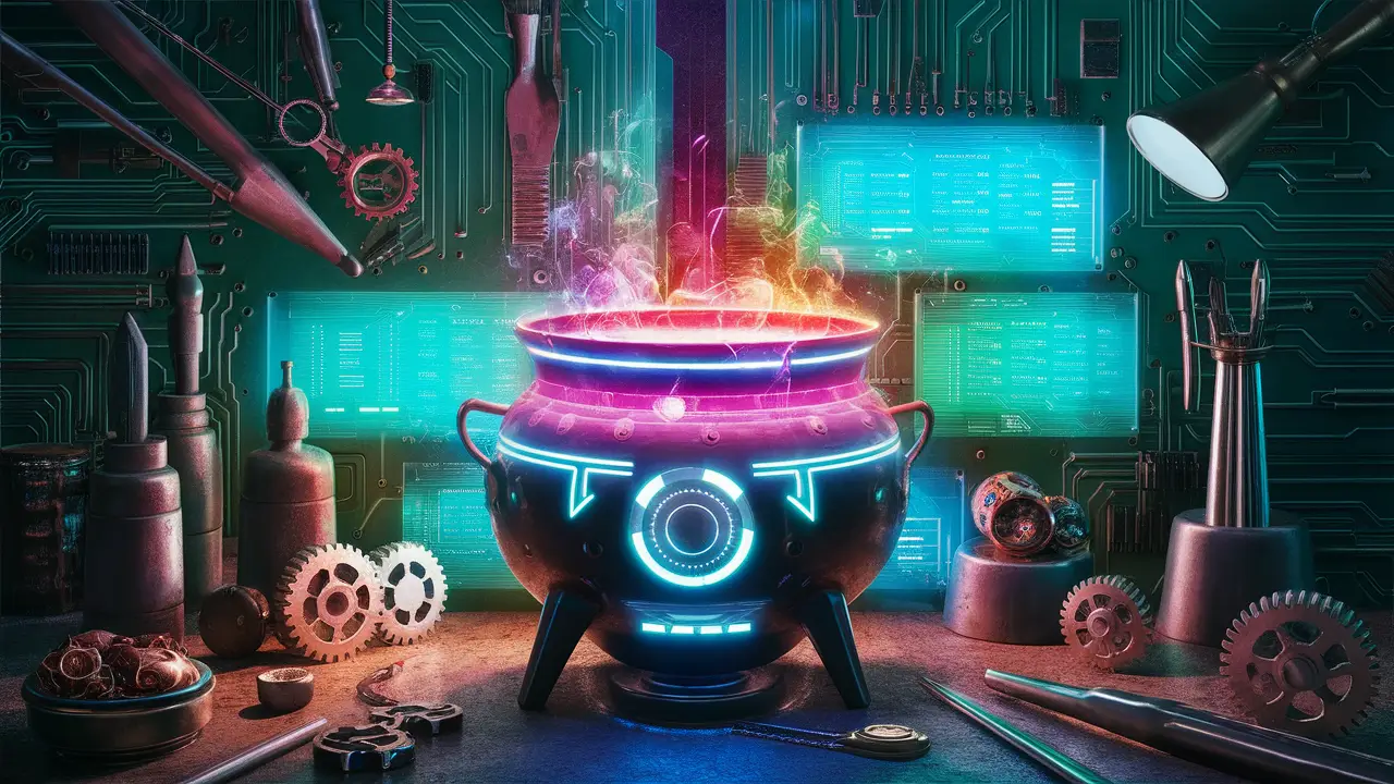 Oficina futurista com caldeirão digital emitindo luz colorida, ferramentas, engrenagens e monitores holográficos ao fundo.