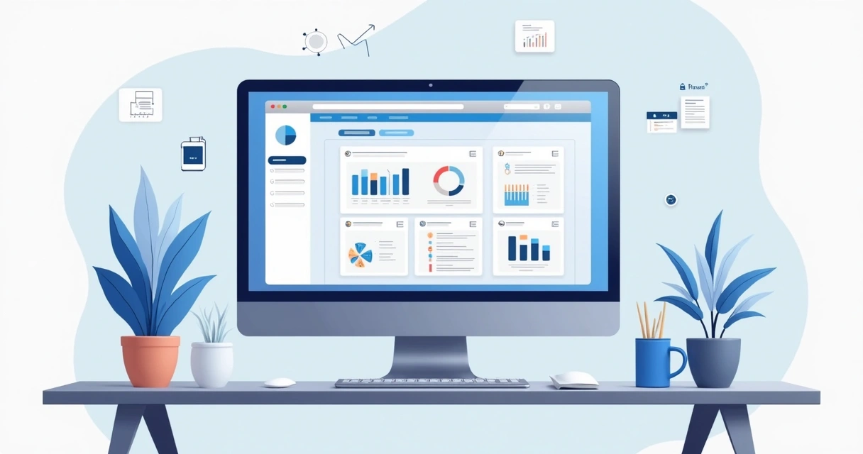 Ilustração flat corporativa de um computador com sistema Notion aberto exibindo organização de conteúdo digital e fluxos de trabalho visíveis
