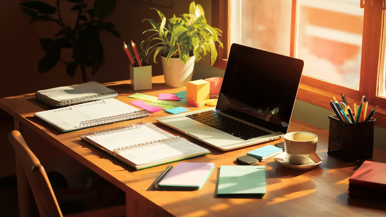 Escritório em casa com laptop, planner, notas adesivas coloridas, xícara de café e planta em mesa de madeira iluminada por luz solar.