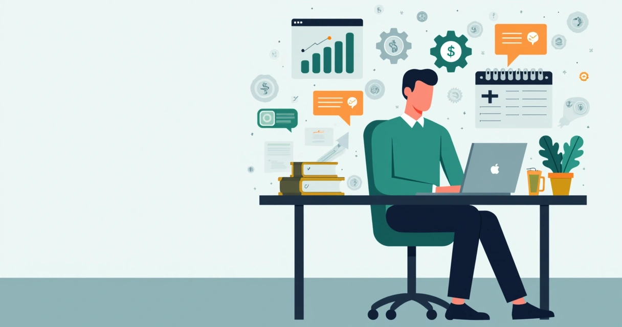 Ilustração corporativa de pessoa organizando finanças no Notion com gráficos, listas e ícones financeiros coloridos em tela de computador