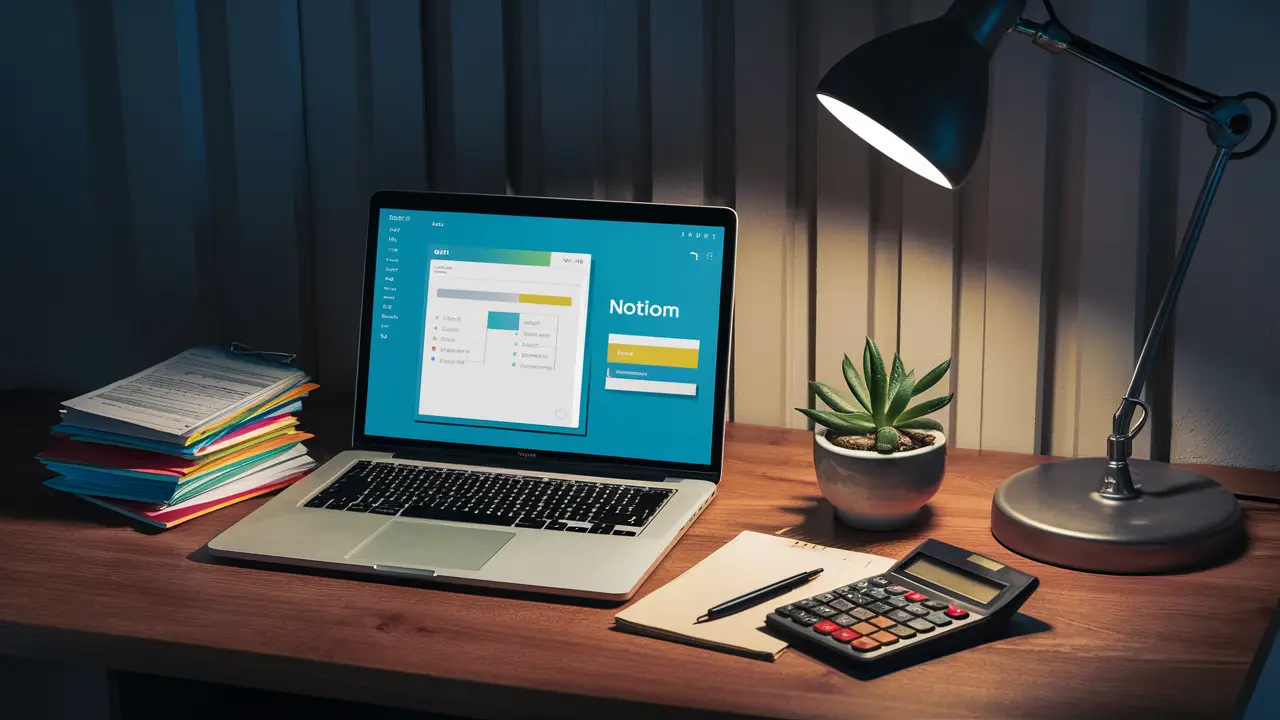 Documentos financeiros coloridos e uma calculadora ao lado de um laptop com a interface do Notion.