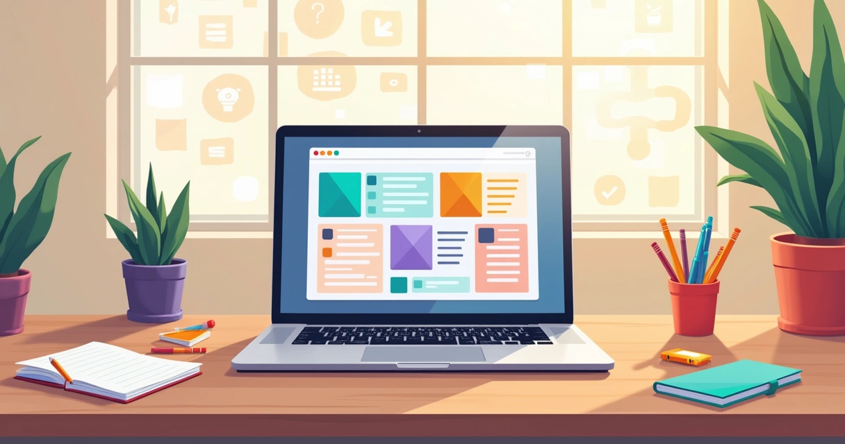 Espaço de trabalho organizado no Notion com dispositivo digital e ferramentas em uma mesa limpa.