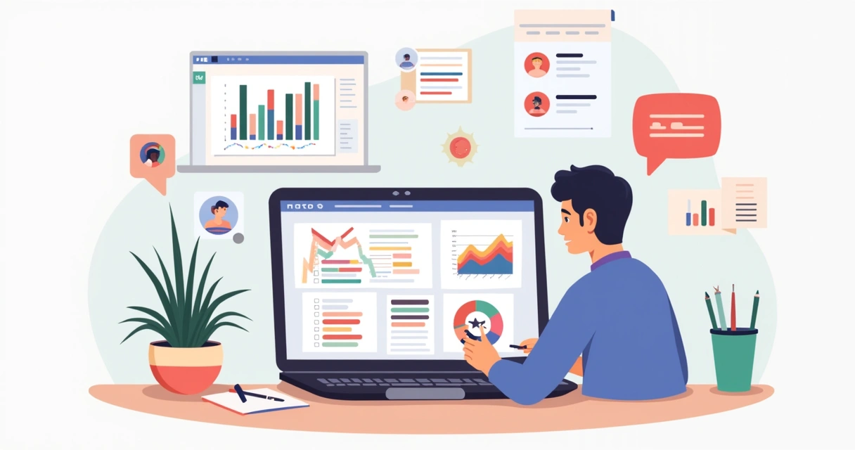 Ilustração corporativa de uma pessoa organizando um planner de estudos no Notion em um laptop com gráficos, listas e calendário no fundo