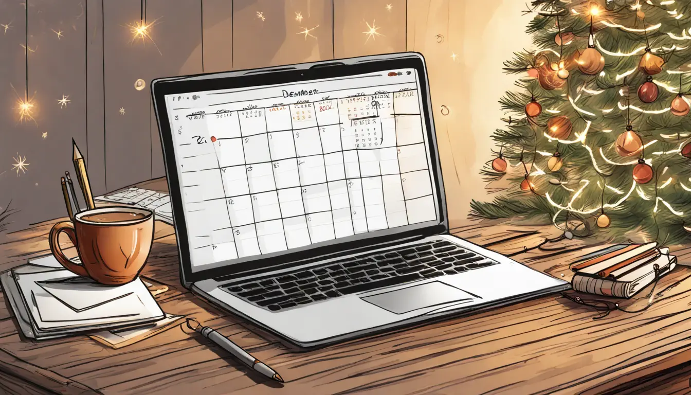 Área de trabalho com laptop aberto mostrando o aplicativo Notion, calendário de dezembro, café, caderno e caneta, com decorações natalinas ao fundo.