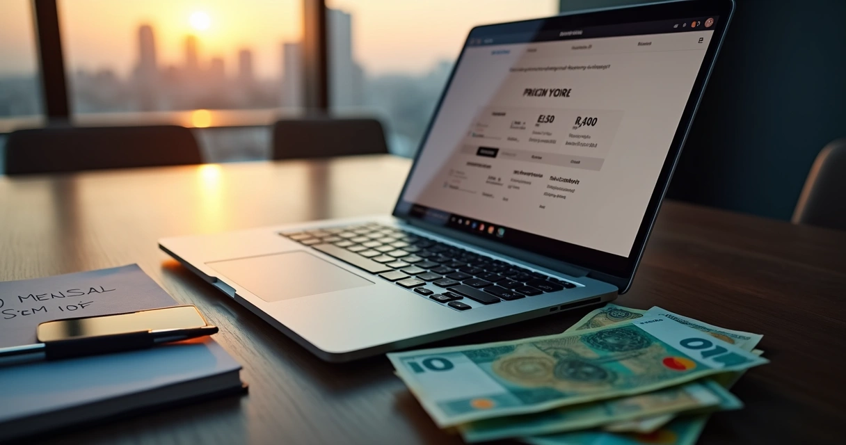 Notebook mostrando planos do Notion com cartões de crédito e notas em reais ao redor
