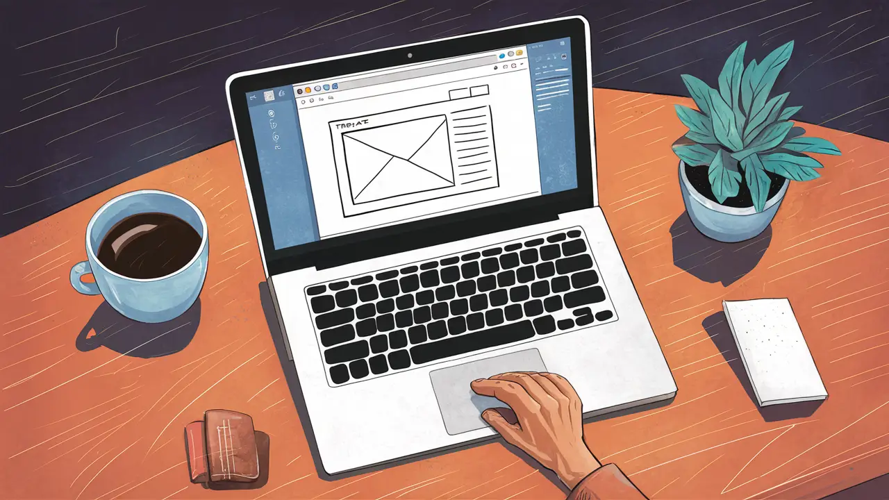 Laptop com página do Notion aberta, xícara de café à esquerda e planta em vaso à direita sobre mesa de madeira.