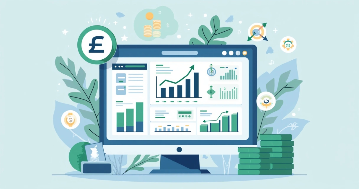 Ilustração corporativa plana de painel financeiro digital com gráficos, tabelas e ícones de finanças no Notion