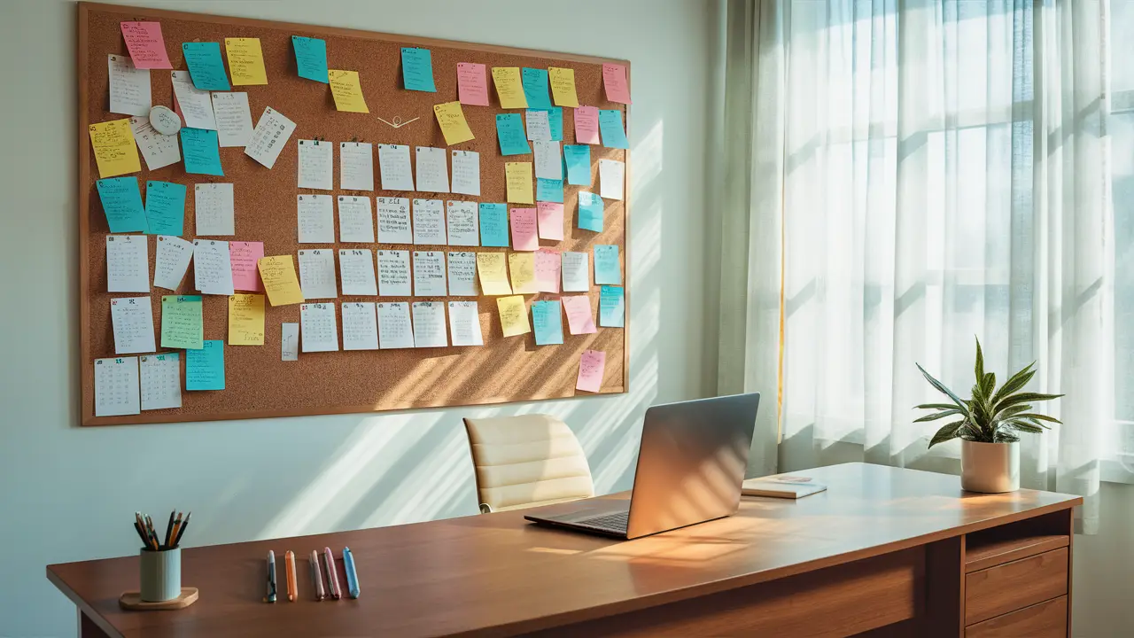 Painel de cortiça coberto por notas coloridas e páginas de calendário em um escritório iluminado.