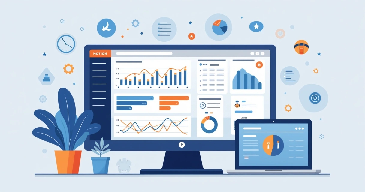 Ilustração corporativa de painel financeiro no Notion mostrando gráficos, controle financeiro e organização