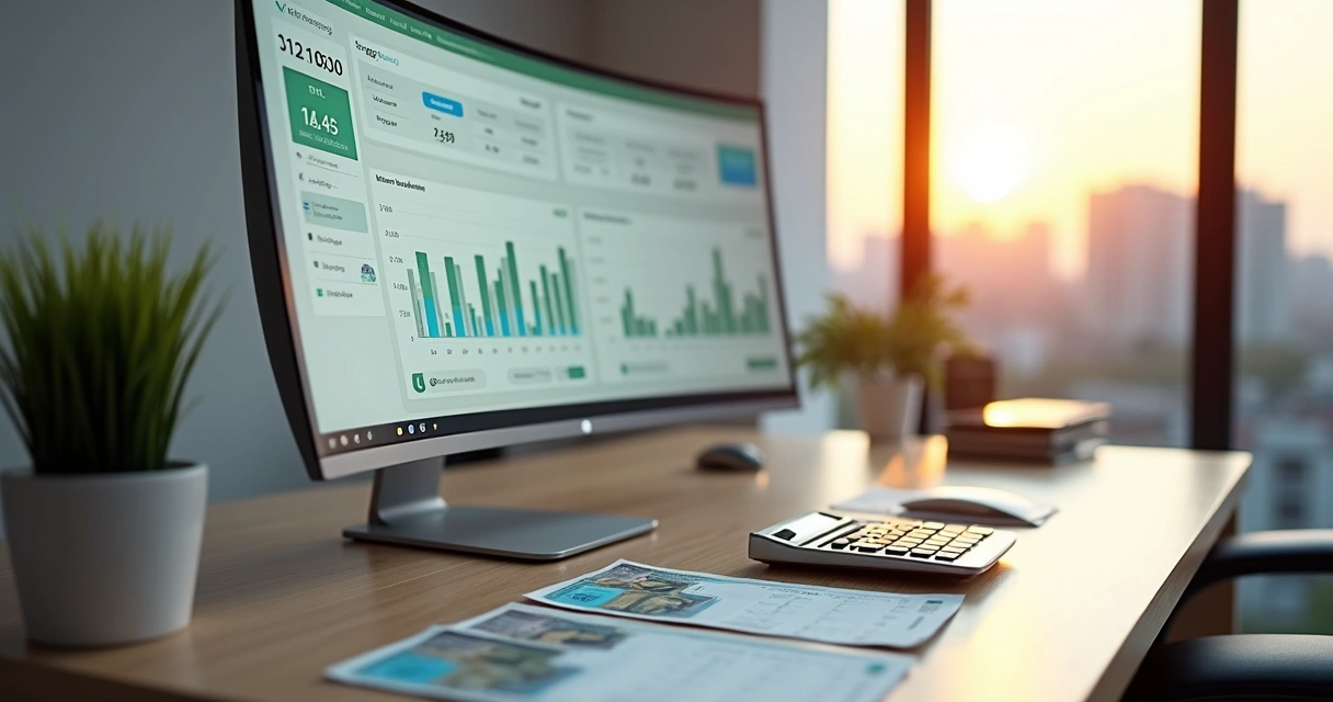 Dashboard financeiro em reais com gráficos em tela grande ao lado de planilha em papel moeda brasileira