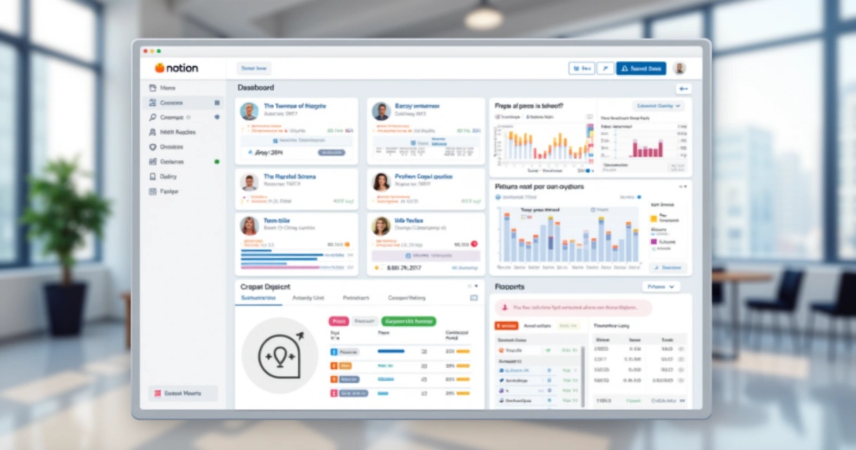 Dashboard detalhado mostrando progresso de tarefas e status de equipe no Notion