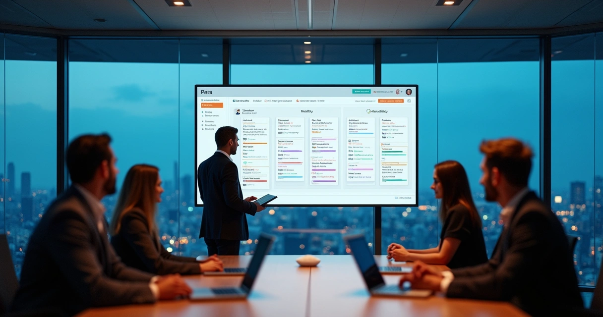 Gestor olhando grande painel digital com demandas organizadas da equipe