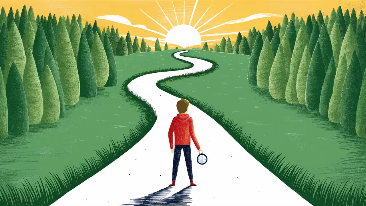 Pessoa determinada segurando uma bússola no início de um caminho sinuoso em floresta verde com nascer do sol ao fundo.