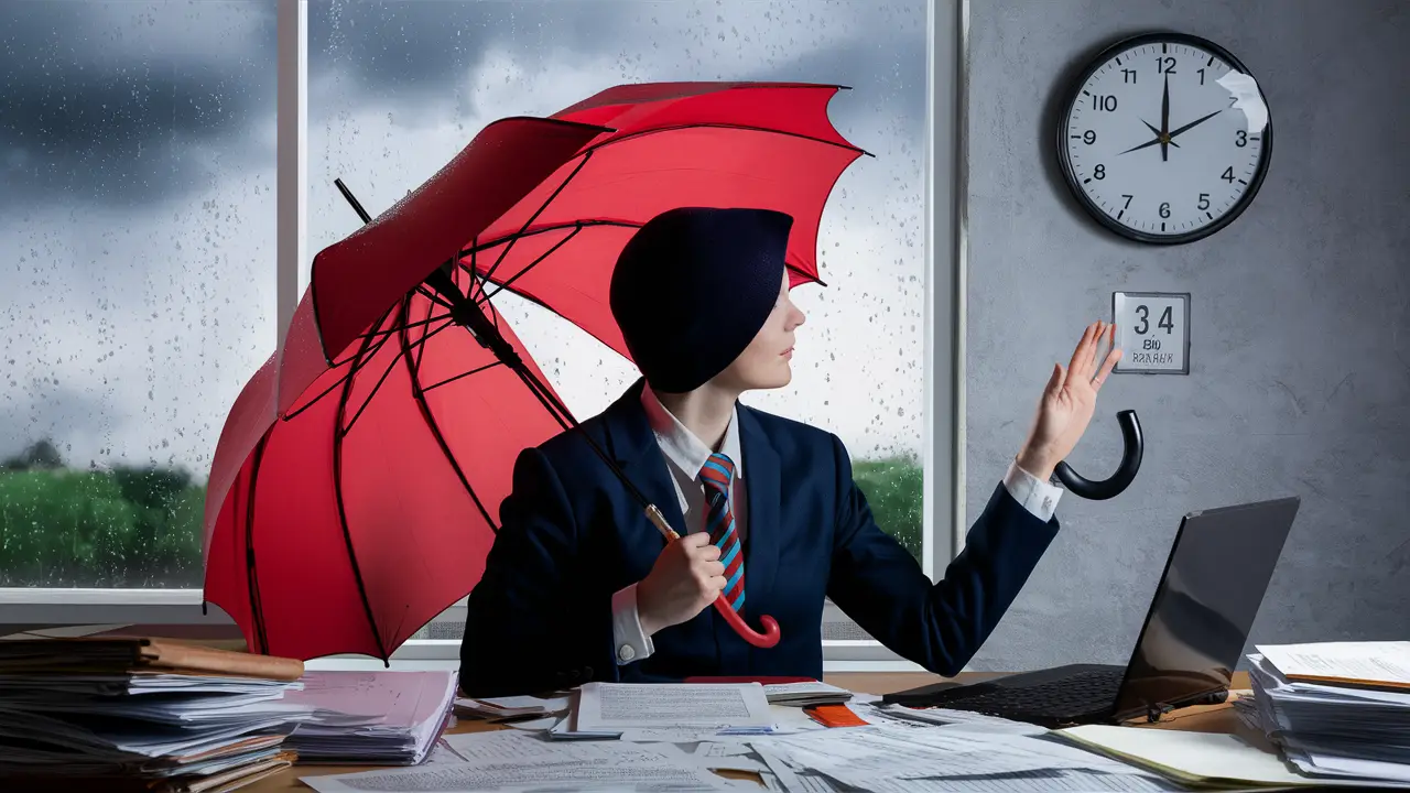 Pessoa de terno segura guarda-chuva vermelho dentro de um escritório desorganizado com papéis e laptop na mesa.