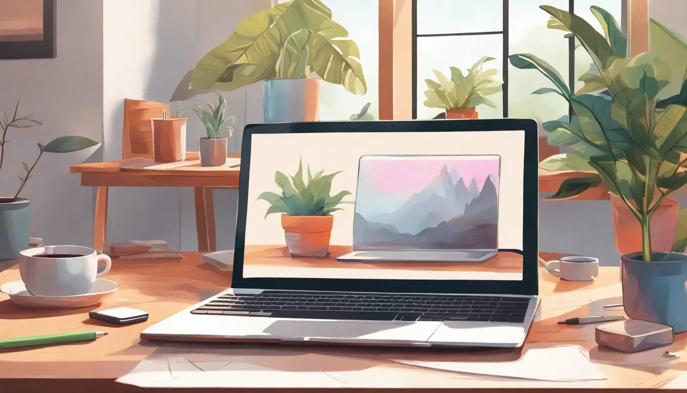 Um espaço de trabalho digital organizado com um laptop exibindo o Notion, um caderno, smartphone, café e planta, simbolizando fluxos de trabalho otimizados.