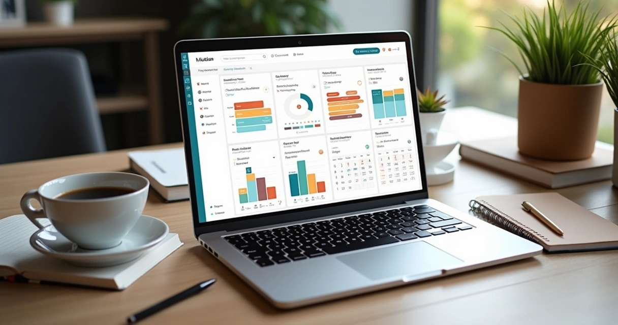Vista aérea de mesa de escritório moderna com laptop aberto mostrando dashboard no Notion, planner anual com metas e gráficos, café ao lado e agenda organizada