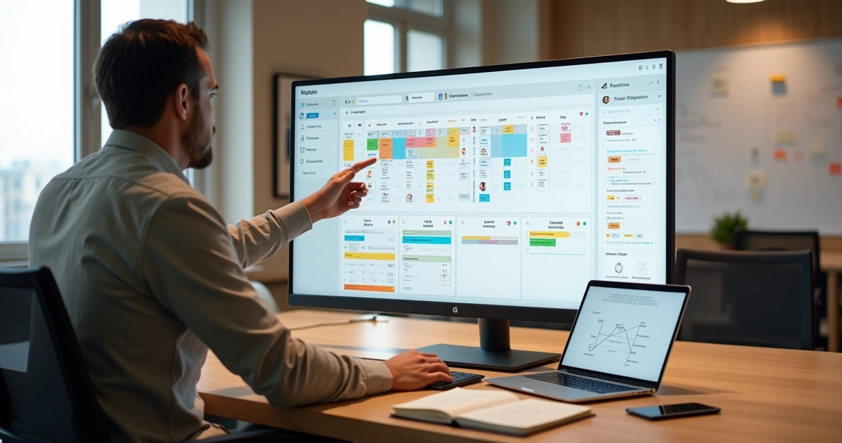 Gestor organiza tarefas e projetos em painel do Notion com visão Kanban e cronograma