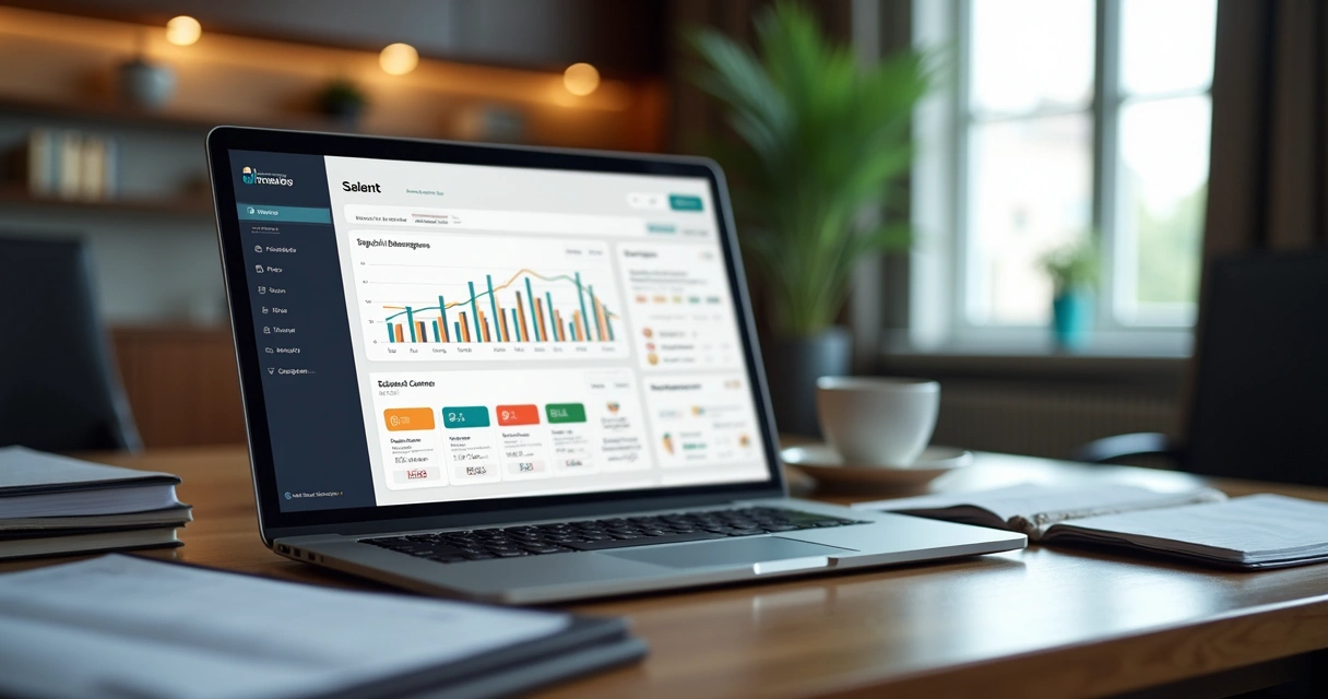 Mesa de trabalho luxuosa com laptop aberto exibindo dashboard de CRM, gráficos de vendas e listas de contatos organizadas em tela, ambiente elegante e moderno com iluminação natural
